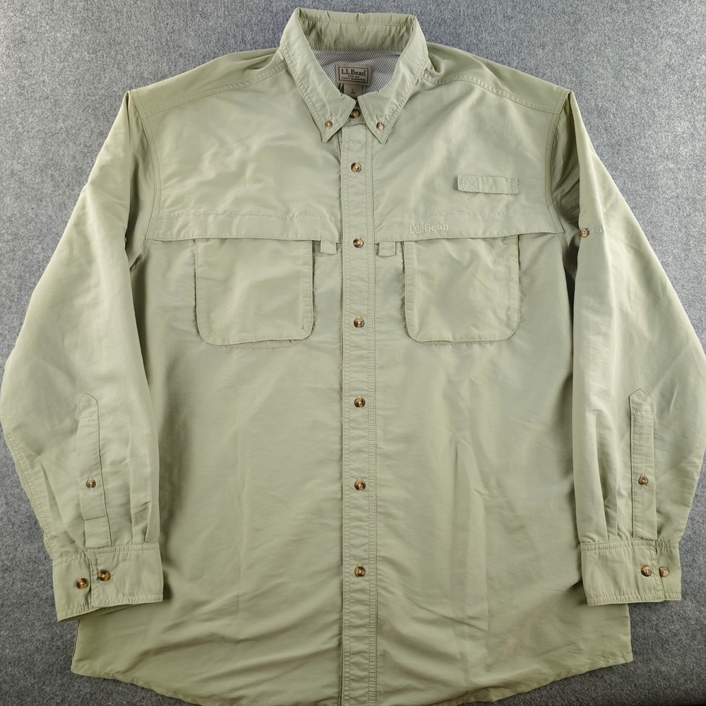 LL Bean Fishing Shirt Mens Large Sage Green Long Sleeve Button Down Vented